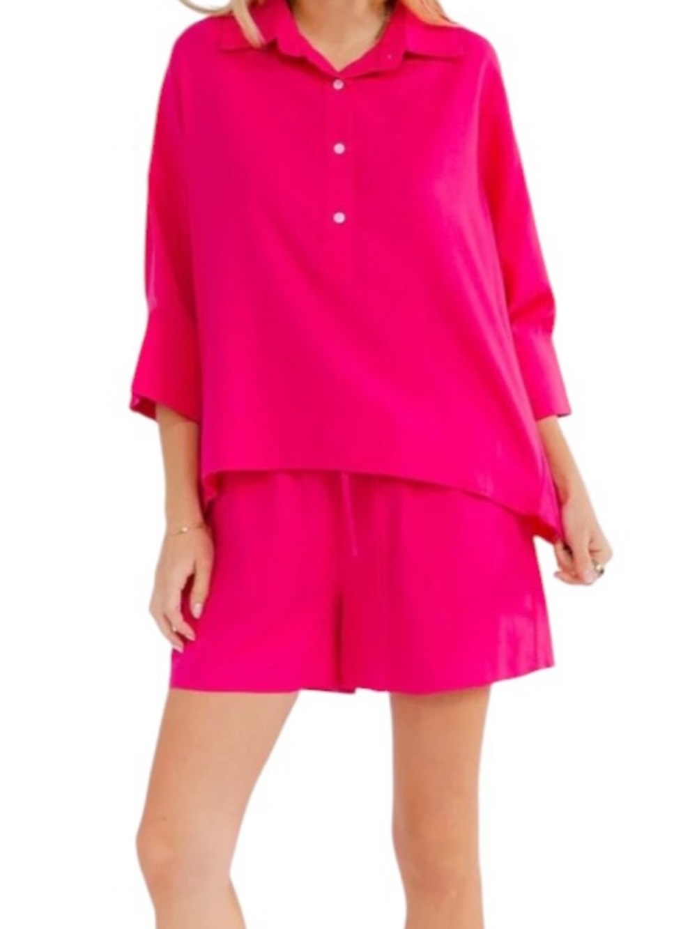 Linen Blend Fuscia Pink Tunic Top @ Elastic Waist Short SET